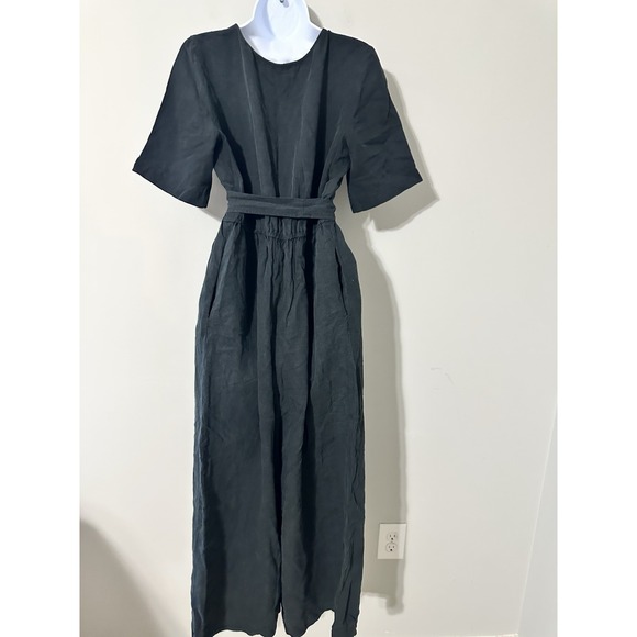 VETTA Capsule Black Wrap Jumpsuit Short Sleeve Wide Leg Tencel Linen Size M EUC - Picture 5 of 8